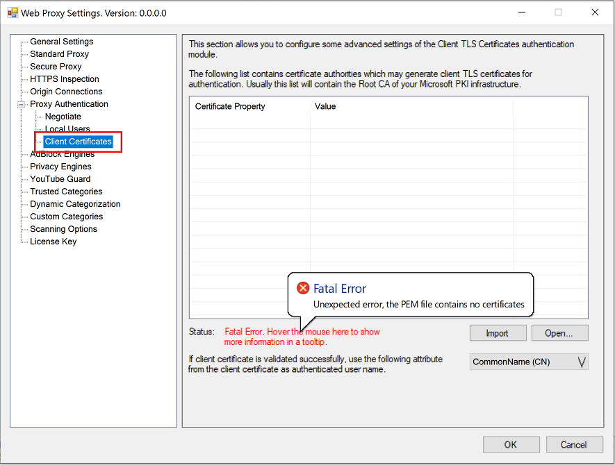 Proxy Authentication by Client TLS Certificates Default State