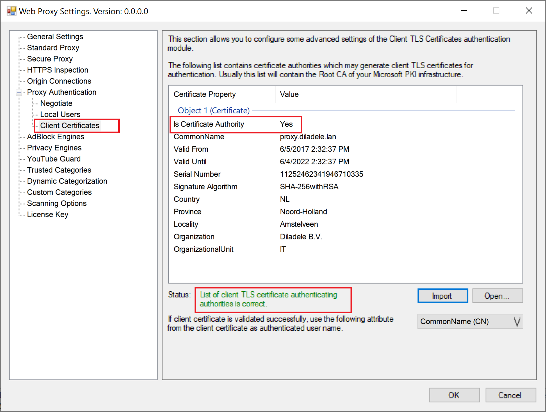 Proxy Authentication by Client TLS Certificates with Valid Authenticating Authority