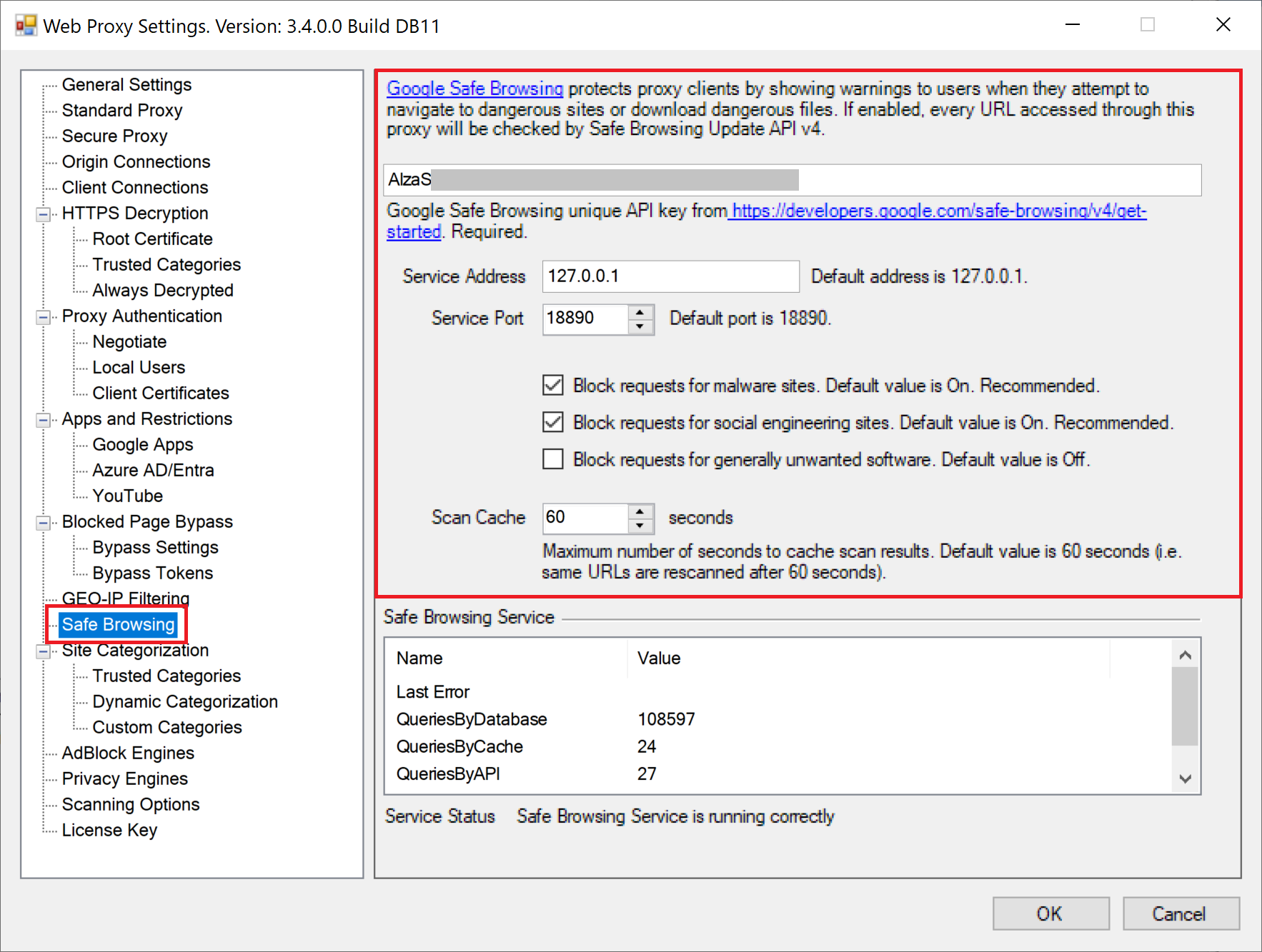 Safe Browsing API Settings