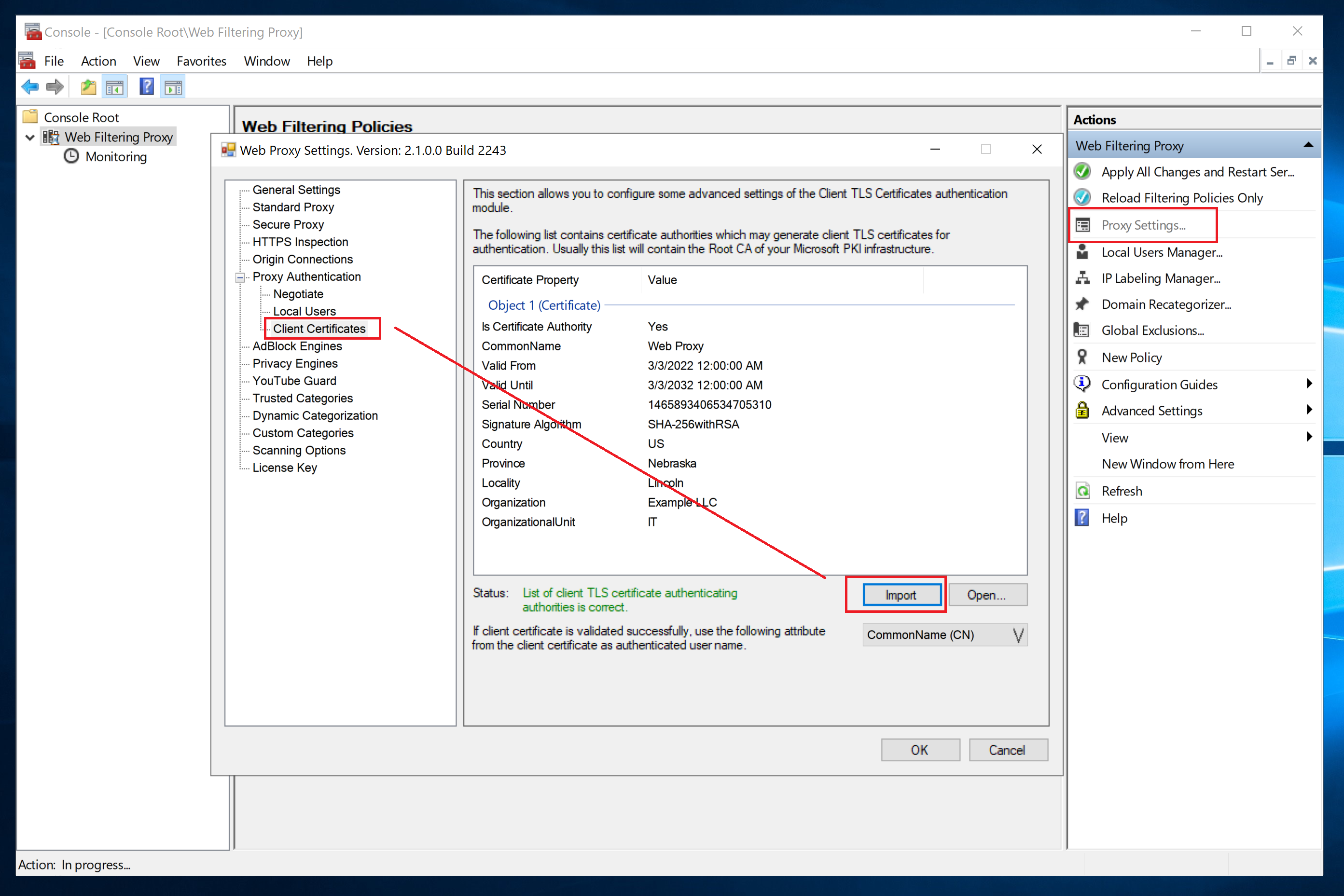 Import Client Certificate Validating Authority