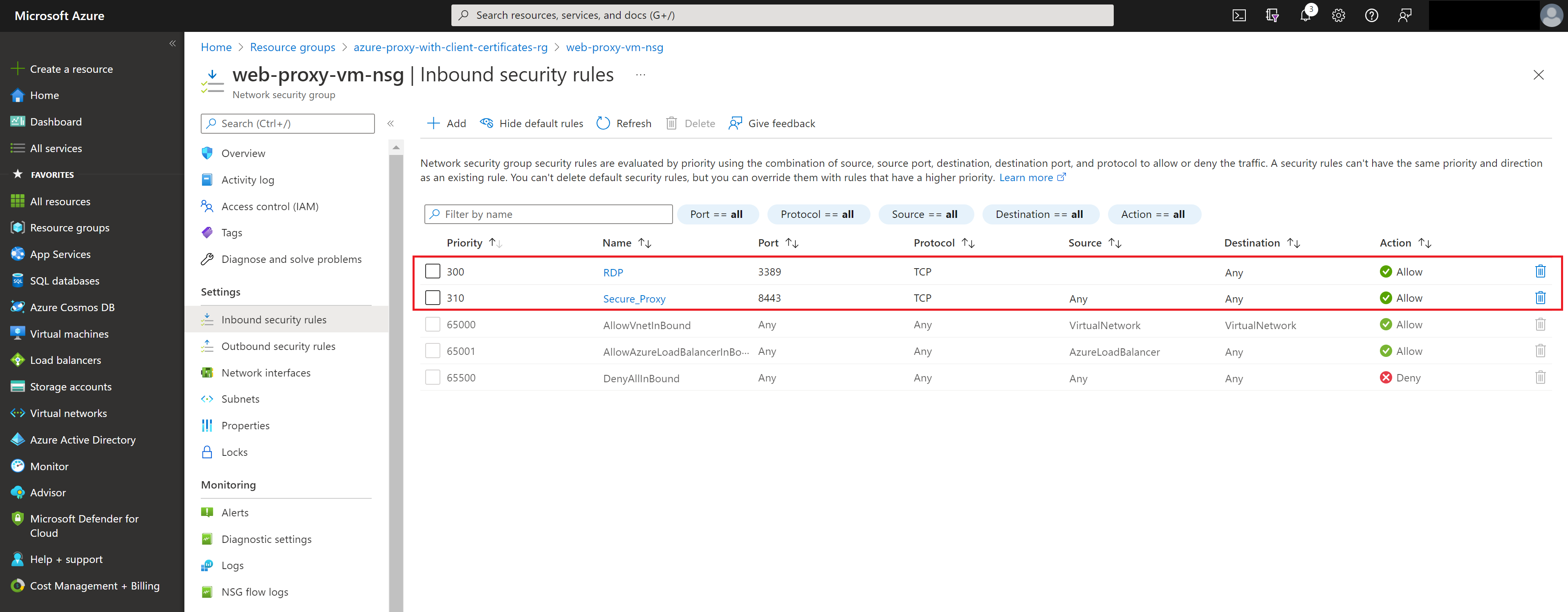 Network Security Group Firewall Rules for Secure Proxy