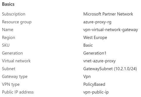 Virtual Network Gateway Settings