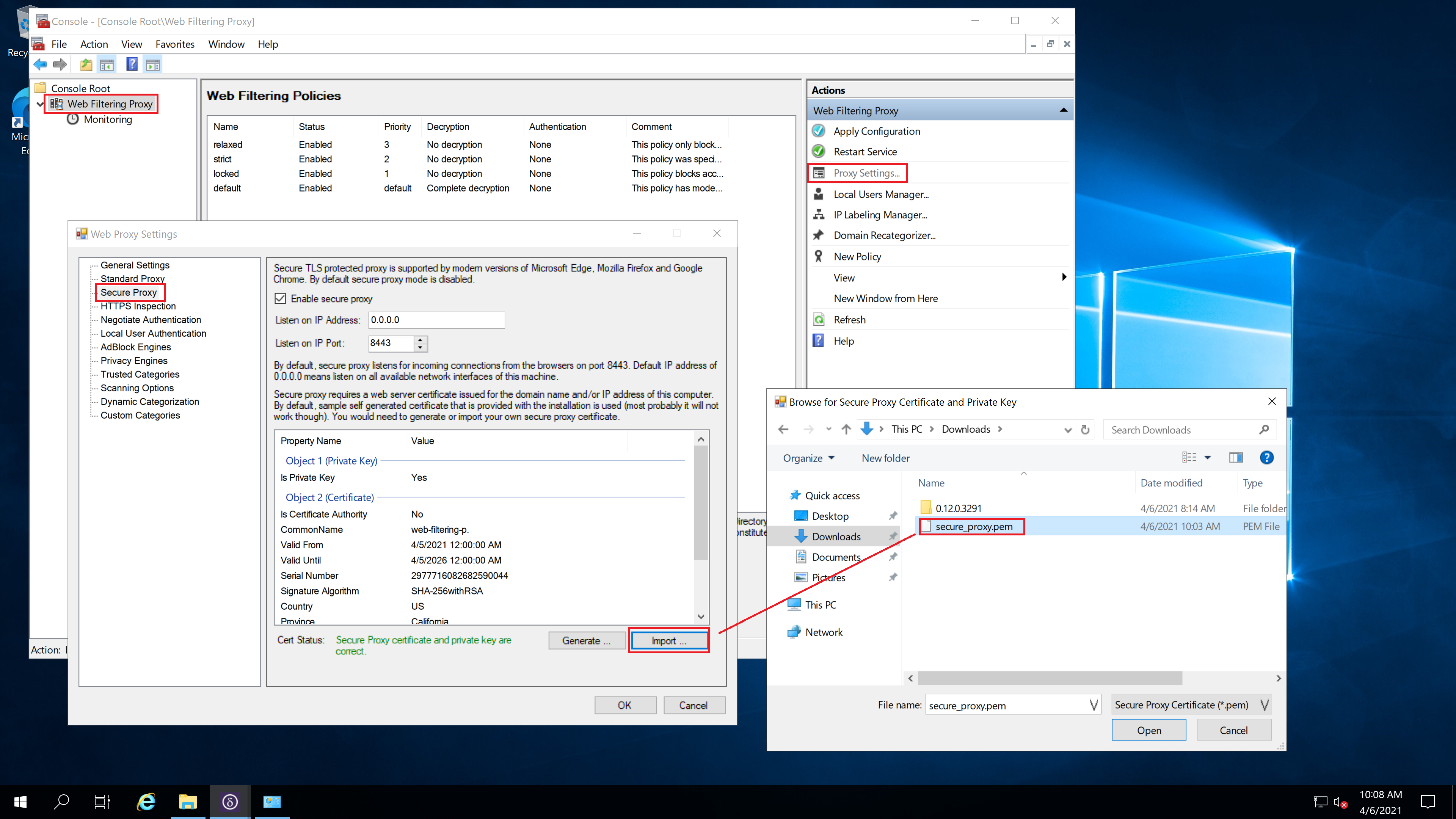 Import Secure Proxy Certificate