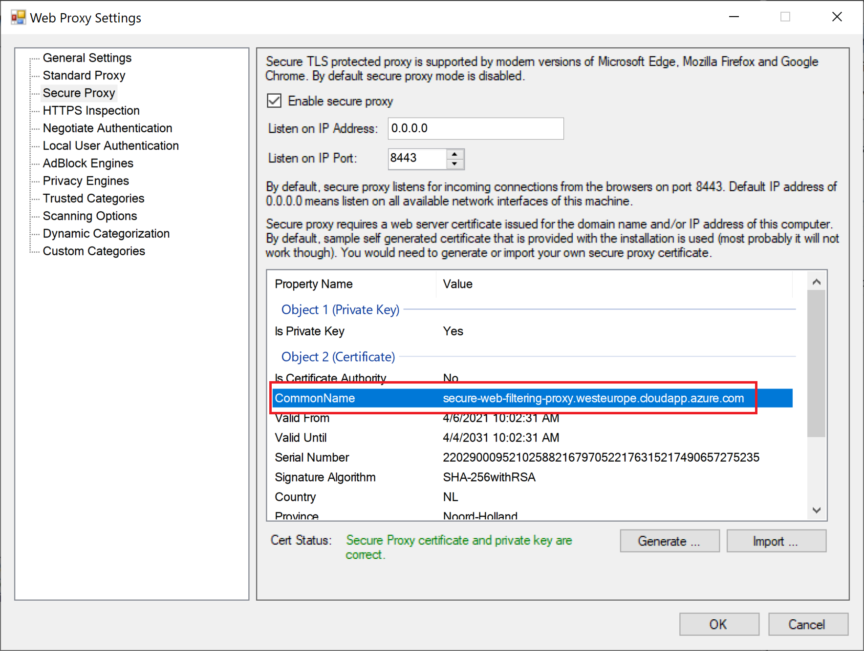 Common Name of Secure Proxy Certificate