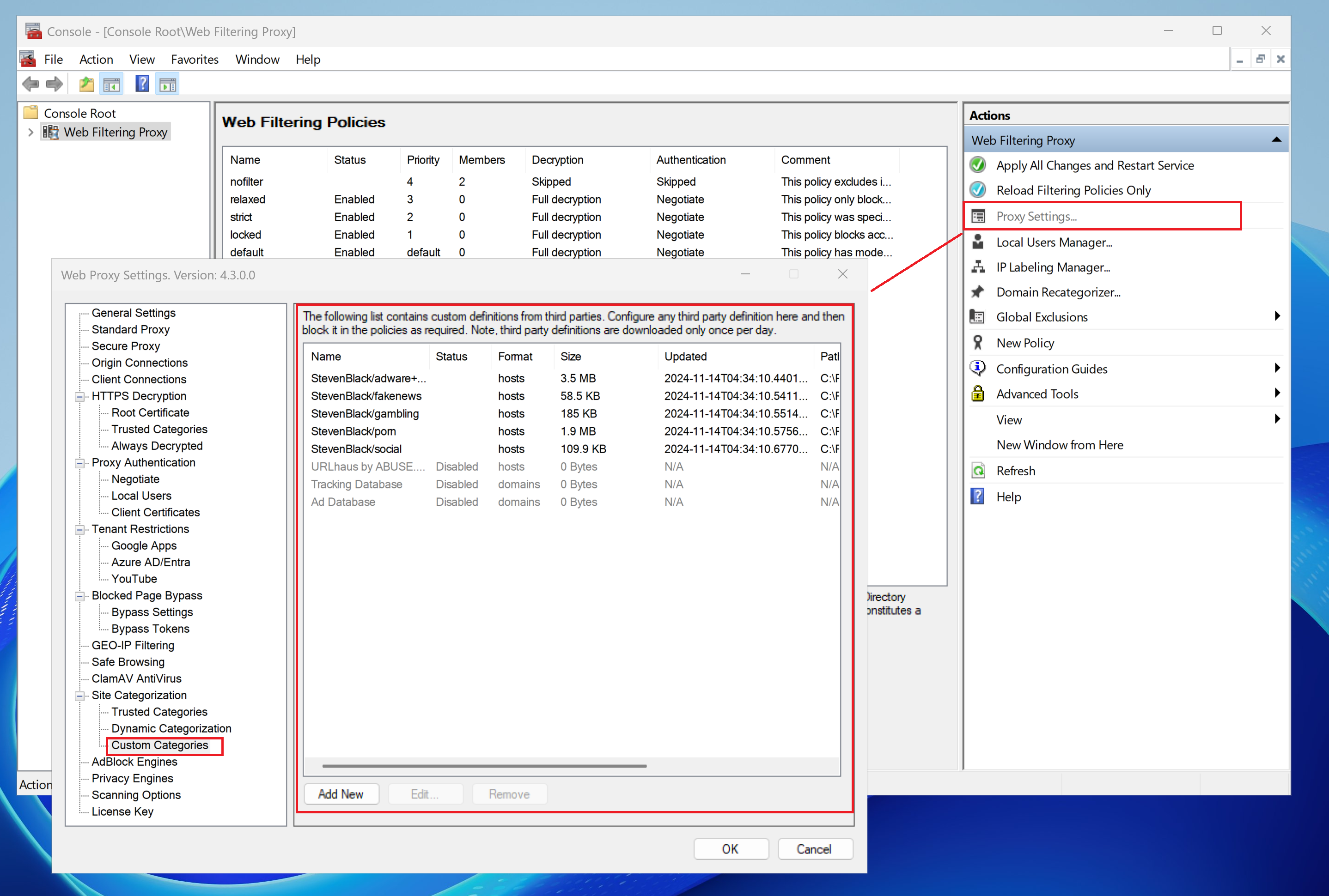 Custom Categories in Proxy Settings