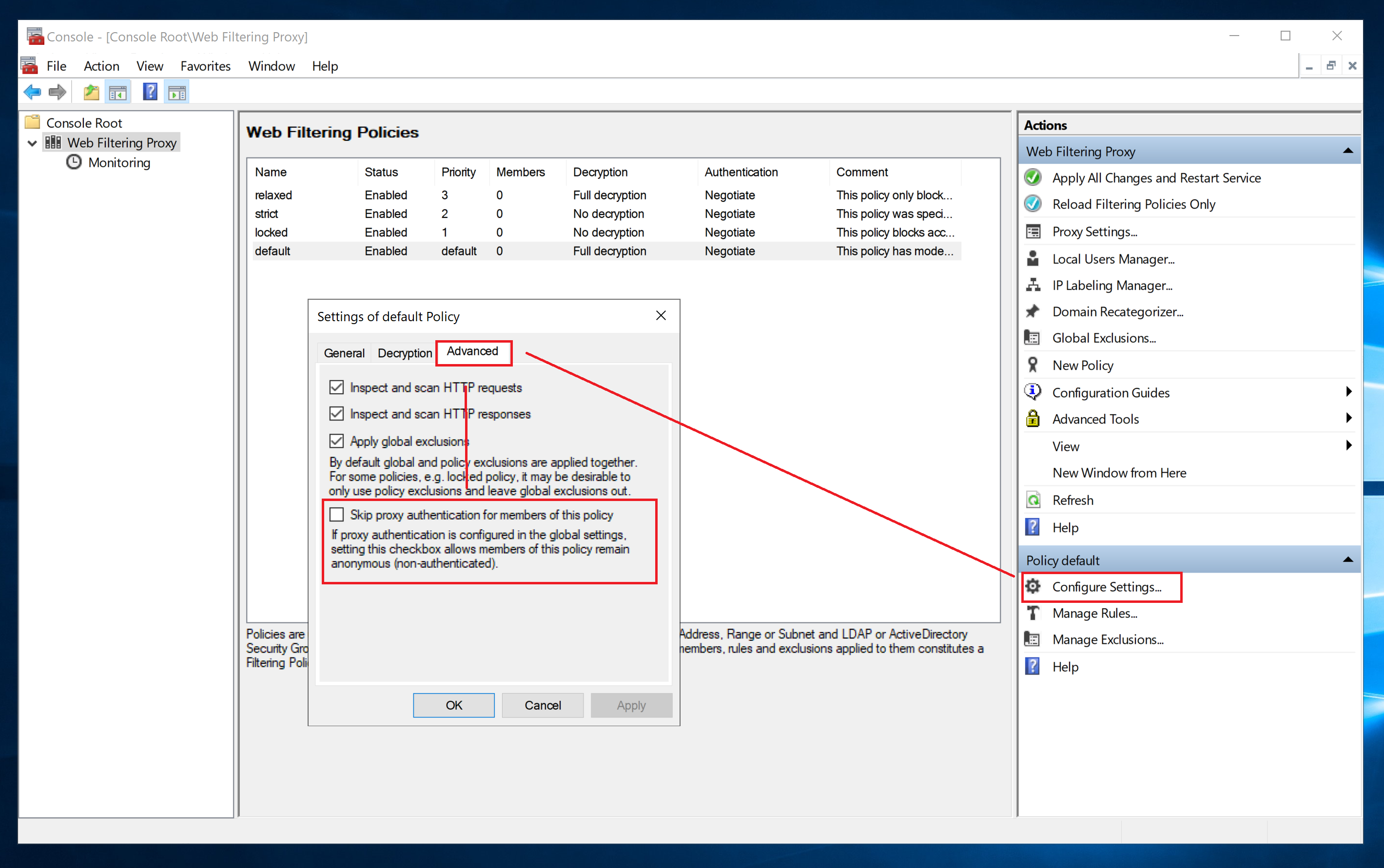 Clear the Skip Authentication Checkbox on Default Policy