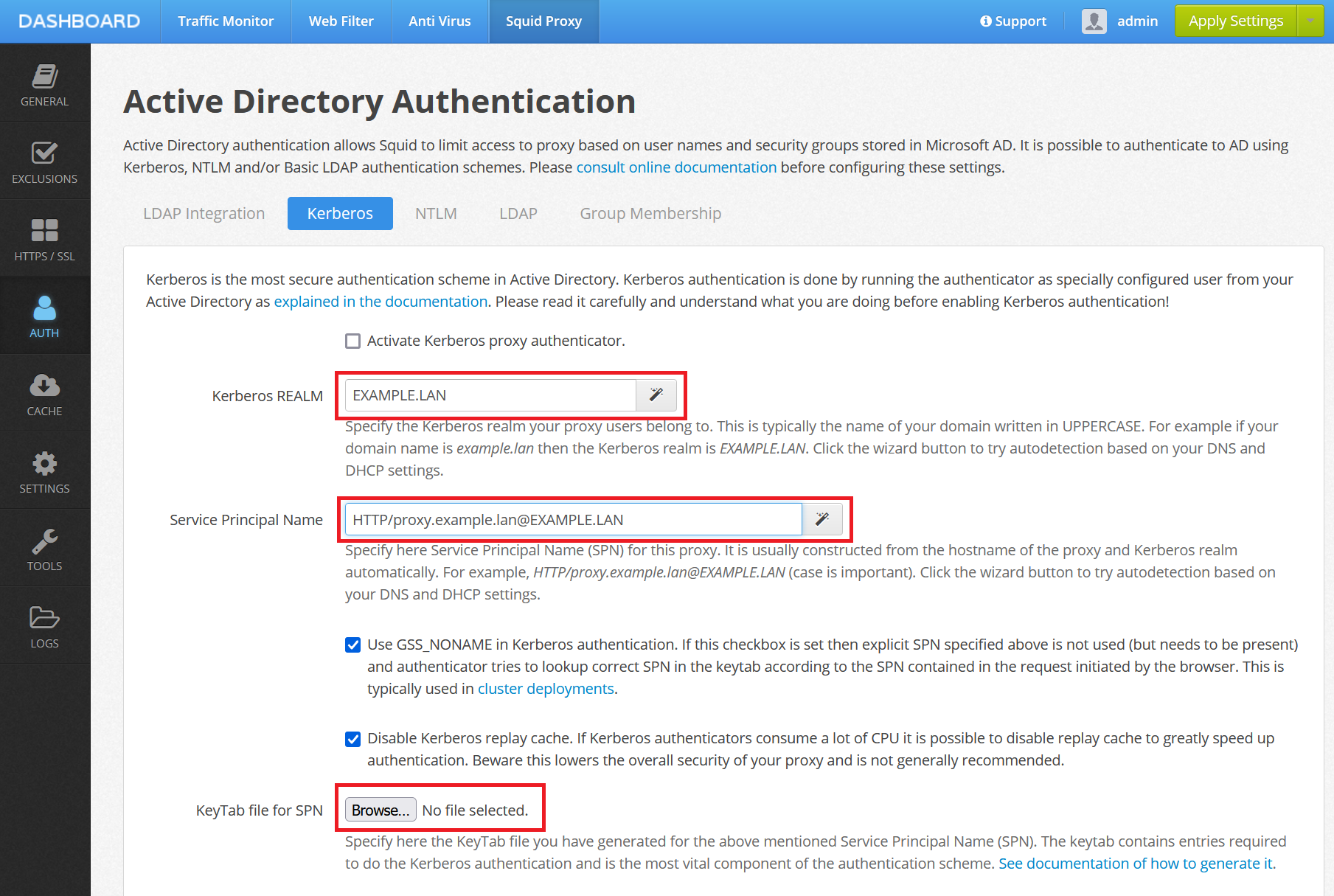 Edit Kerberos Settings