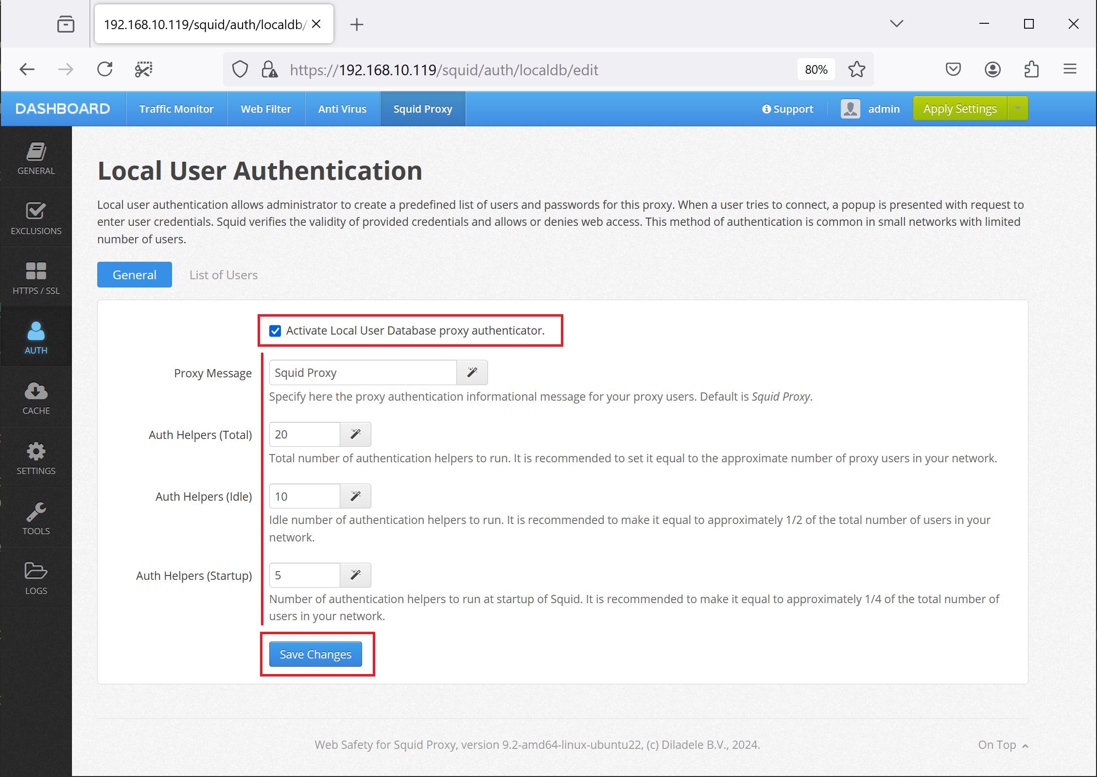 Basic Proxy Authentication by Local Users Database