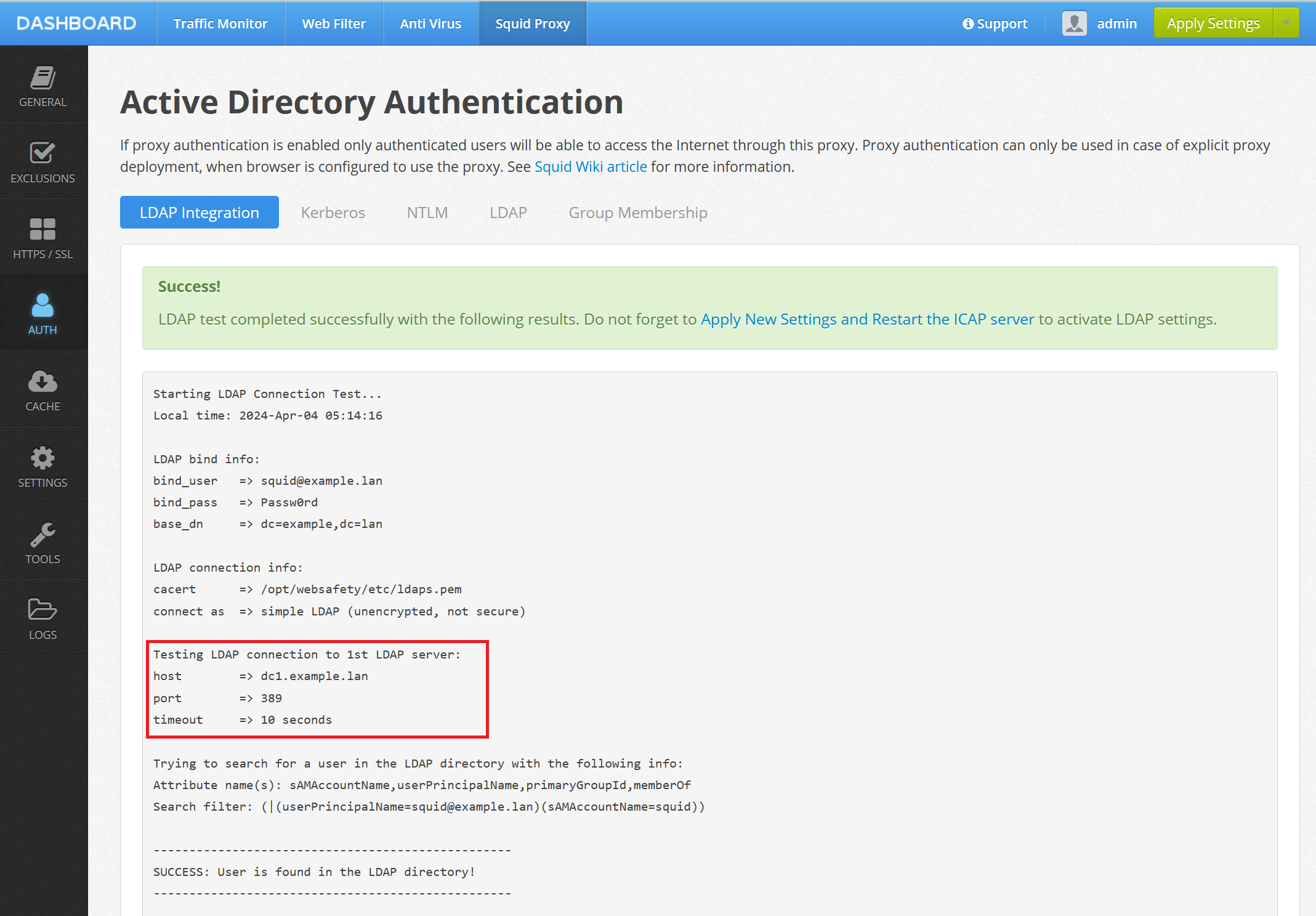 LDAP Test Connection Success