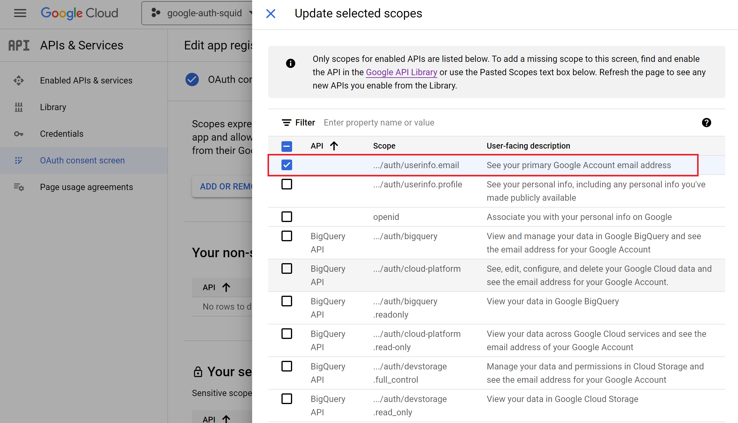 oauth consent screen email scope