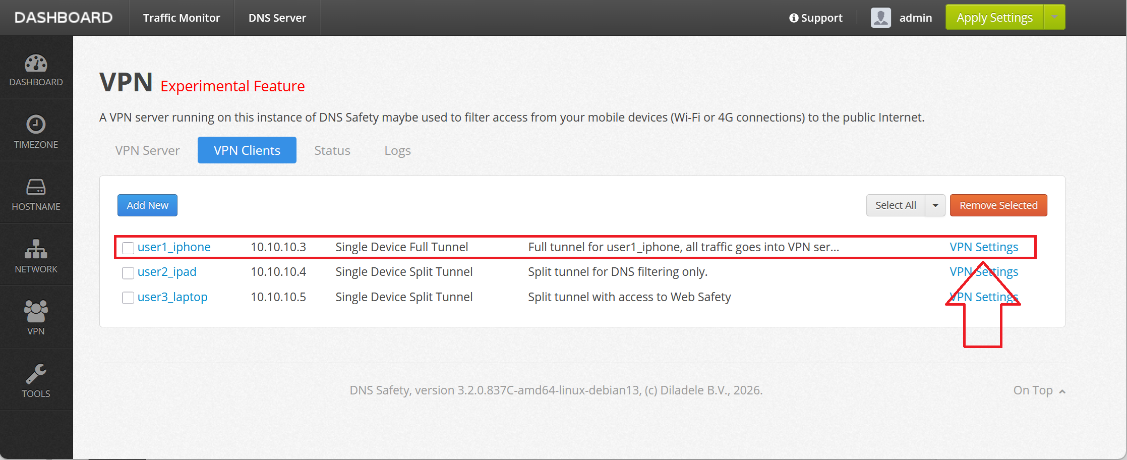 VPN Settings of User1